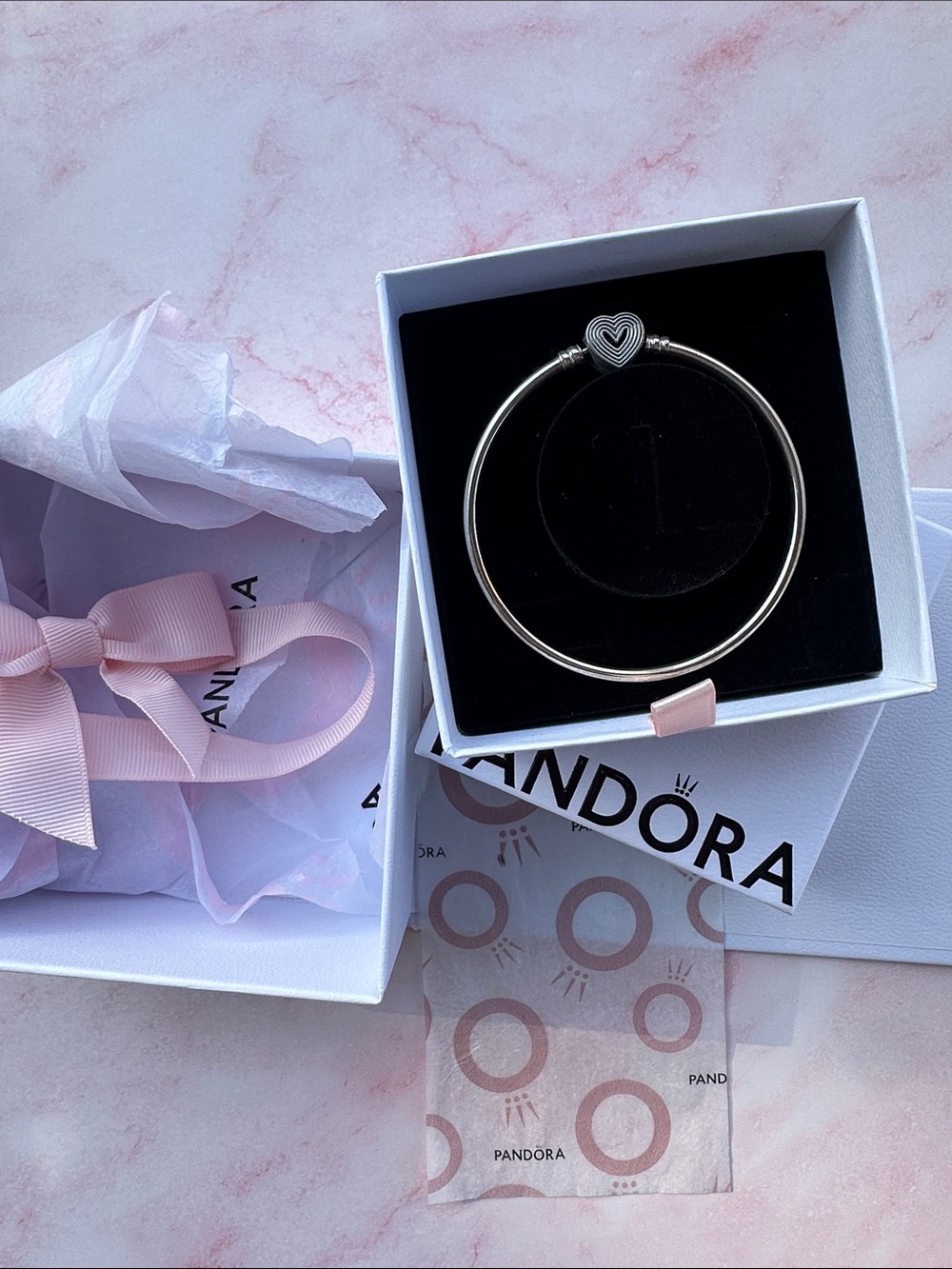 Pandora Radiating Heart Clasp Bangle Sterling Silver Size 7.5 Two Boxes Ribbon